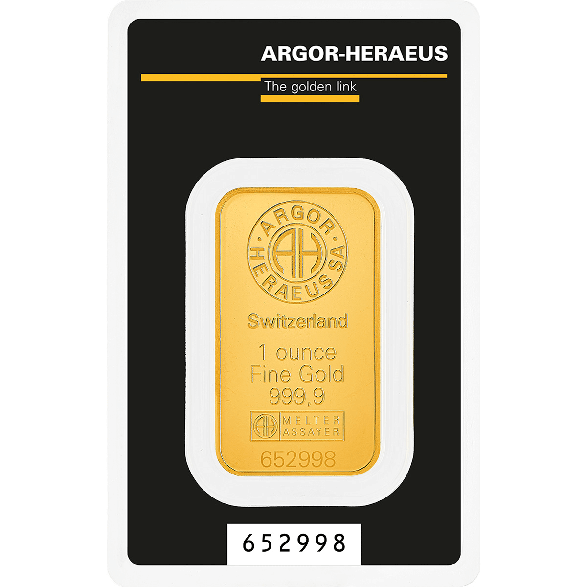 Front side of Argor Heraeus 1 ounce gold bar with 999.9 fineness