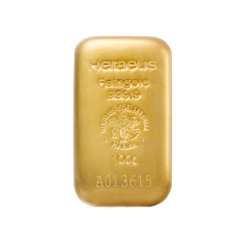 100g Gold Cast Bar 999.9 (front)