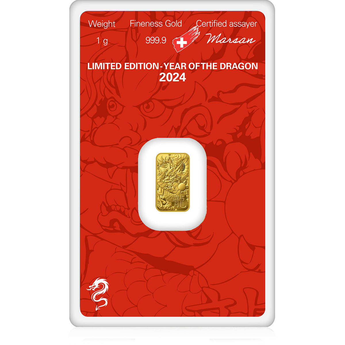 1g Gold Minted Bar 999.9 - Year of the Dragon back